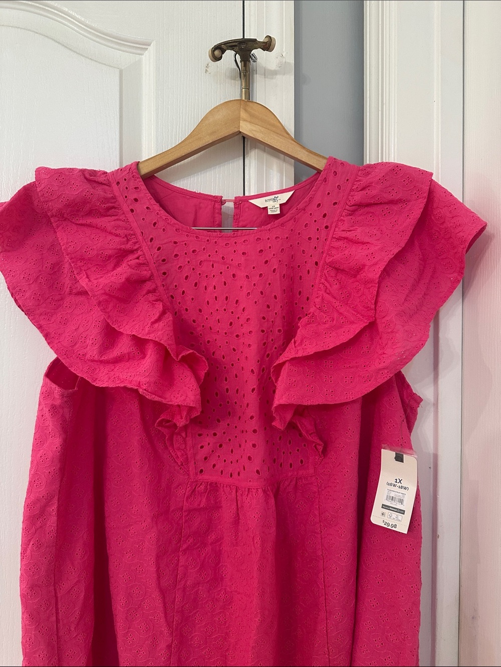 NWT 100% Cotton Bright Pink Eyelet Ruffle Dress - Picture 2 of 6